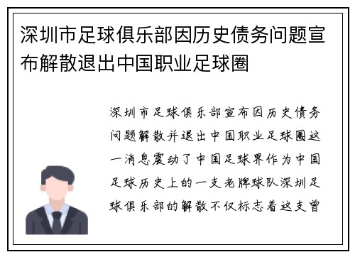 深圳市足球俱乐部因历史债务问题宣布解散退出中国职业足球圈 深圳市足球俱乐部因历史债务问题宣布解散退出中国职业足球圈